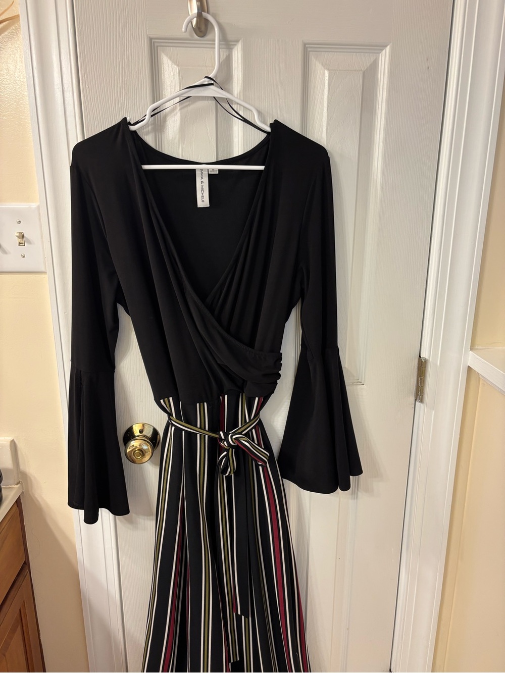 Emma & Michele Black Wrap Top with Multicolor Striped Skirt